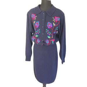Vintage 90s Navy Blue Knit Dress Floral Embroidered Sz M Cottagecore